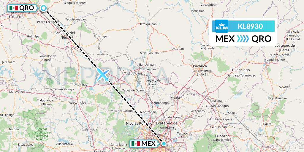 KL8930 KLM Flight Map: Mexico City to Queretaro