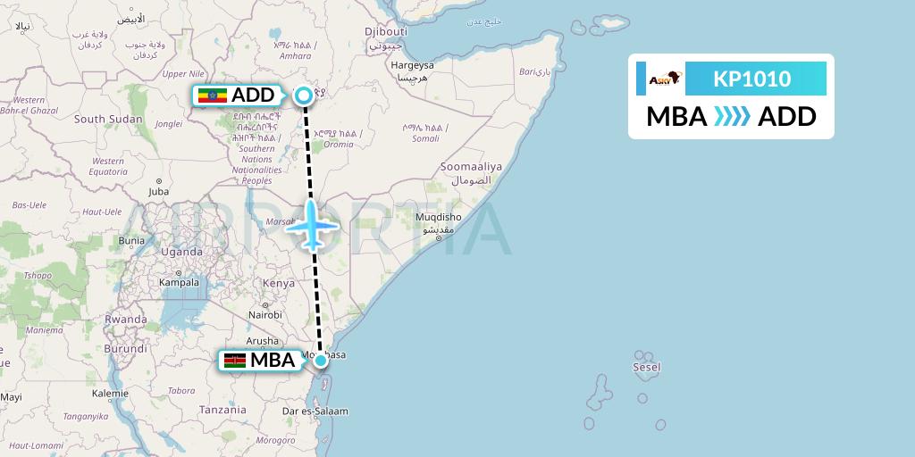 KP1010 ASKY Flight Map: Mombasa to Addis Ababa
