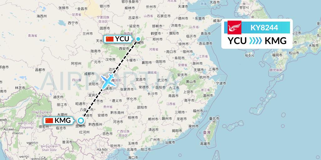 KY8244 Kunming Airlines Flight Map: Yuncheng to Kunming