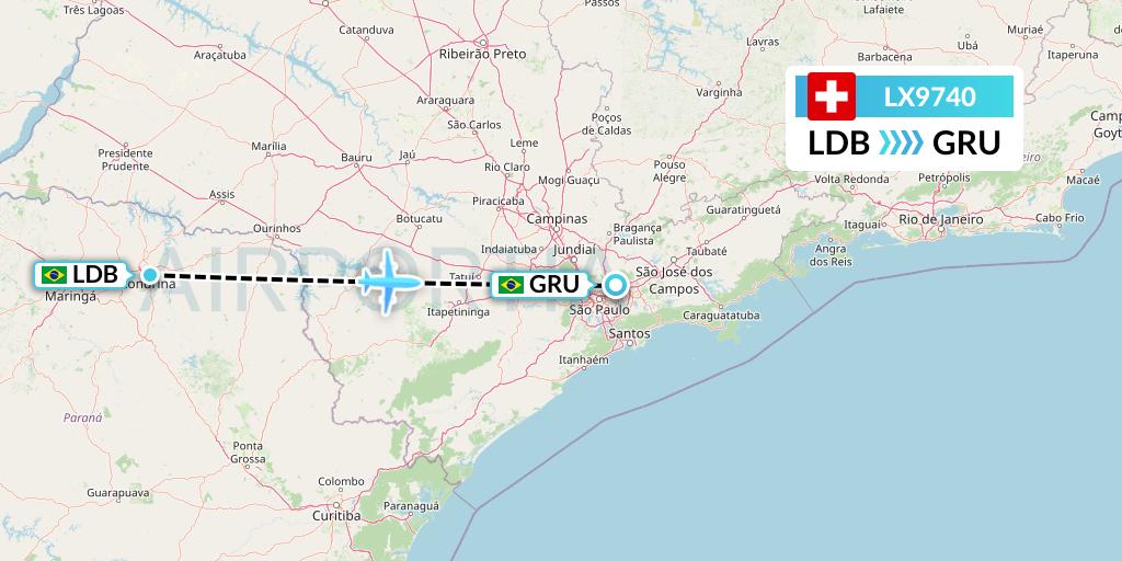LX9740 Swiss Flight Map: Londrina to Sao Paulo