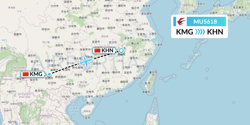 MU5618 China Eastern Airlines Flight Map: Kunming to Nanchang