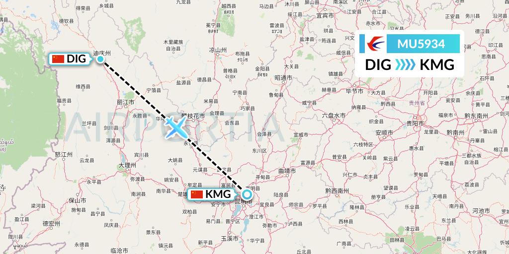 MU5934 China Eastern Airlines Flight Map: Shangri-La to Kunming