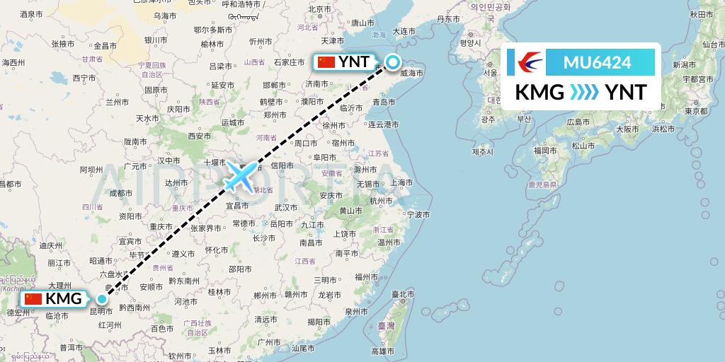 MU6424 China Eastern Airlines Flight Map: Kunming to Yantai