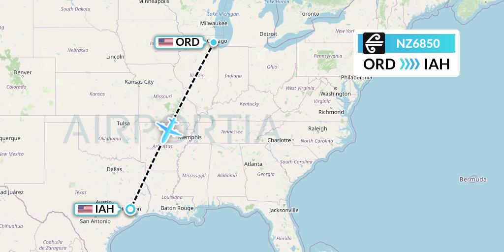 NZ6850 Air New Zealand Flight Map: Chicago to Houston