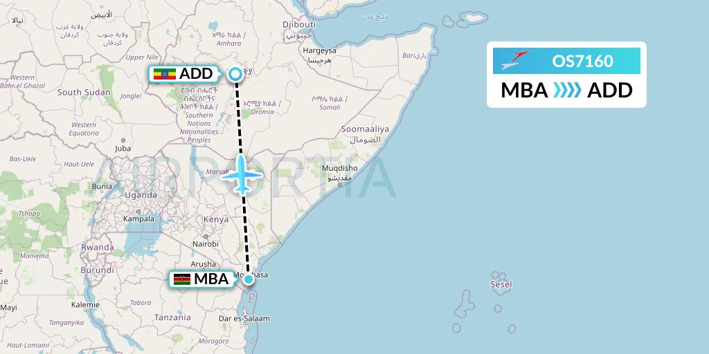 OS7160 Austrian Airlines Flight Map: Mombasa to Addis Ababa