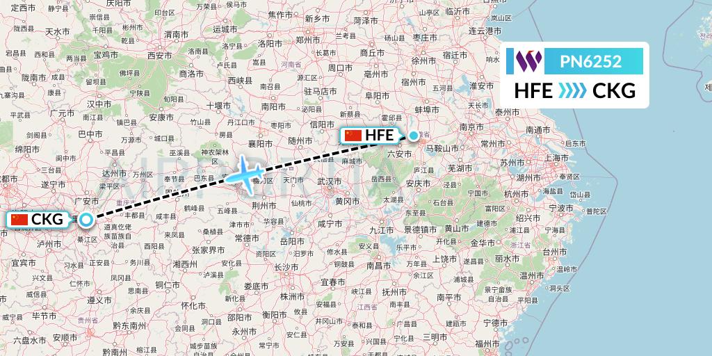 PN6252 China West Air Flight Map: Hefei to Chongqing