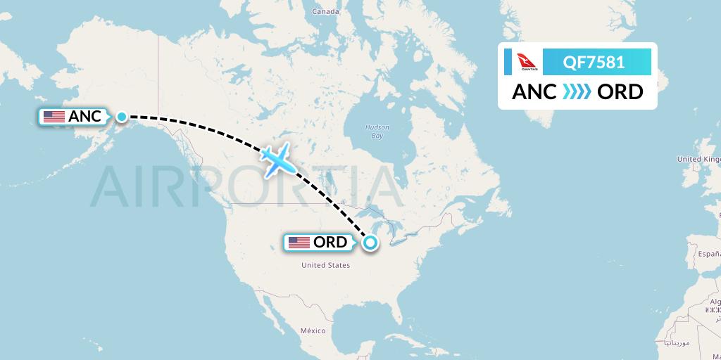 QF7581 Qantas Flight Map: Anchorage to Chicago