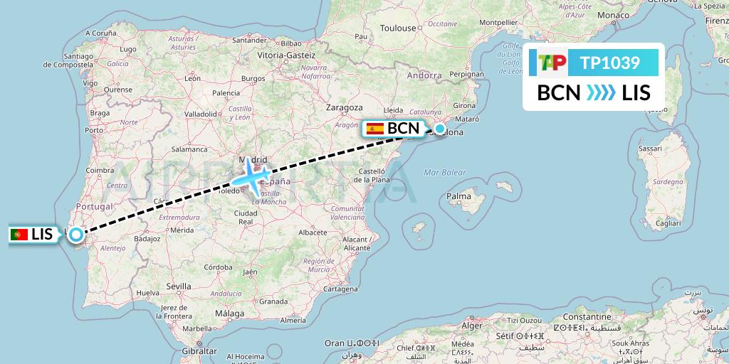 TP1039 TAP Portugal Flight Map: Barcelona to Lisbon