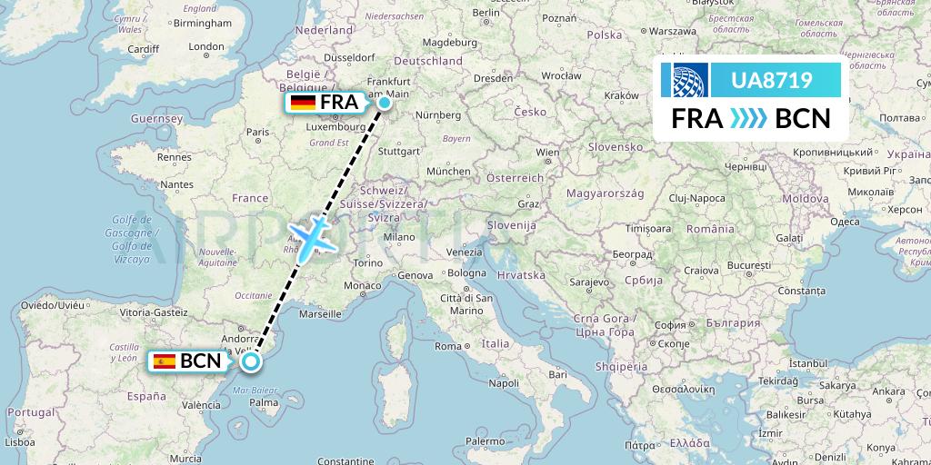 UA8719 United Airlines Flight Map: Frankfurt to Barcelona