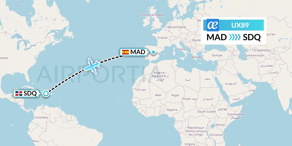 UX89 Air Europa Flight Map: Madrid to Santo Domingo