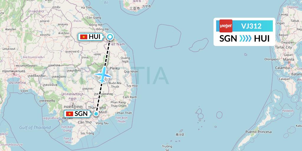 VJ312 VietJet Air Flight Map: Ho Chi Minh City to Hue