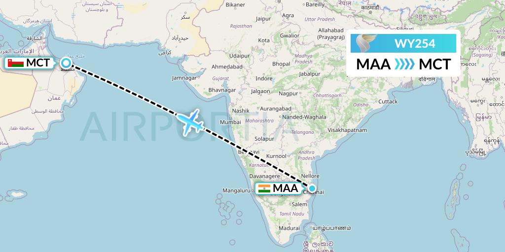 WY254 Oman Air Flight Map: Chennai to Muscat
