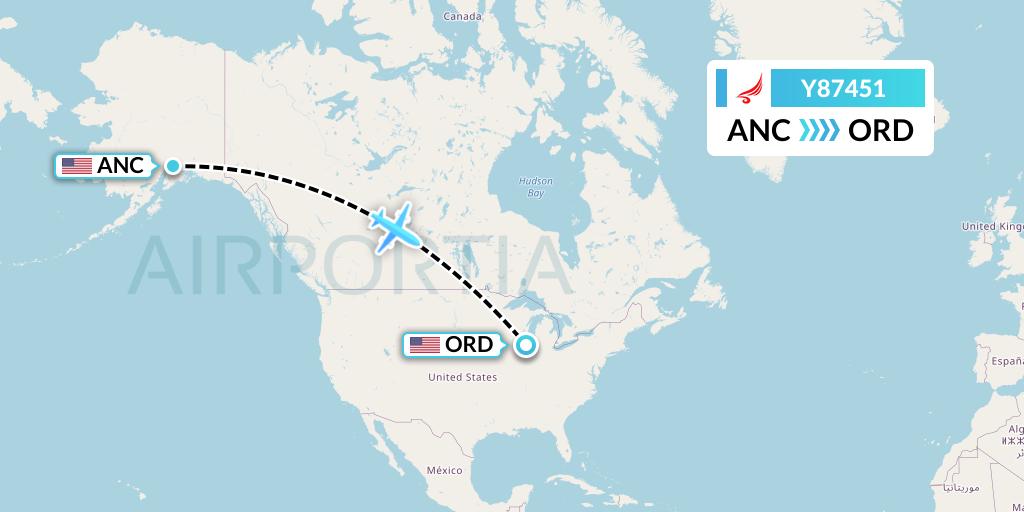 Y87451 Yangtze River Express Flight Map: Anchorage to Chicago