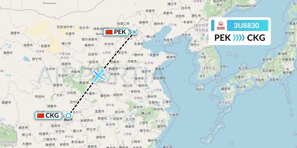 3U8830 Sichuan Airlines Flight Map: Beijing to Chongqing