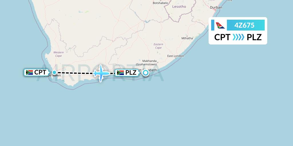 4Z675 Airlink Flight Map: Cape Town to Port Elizabeth
