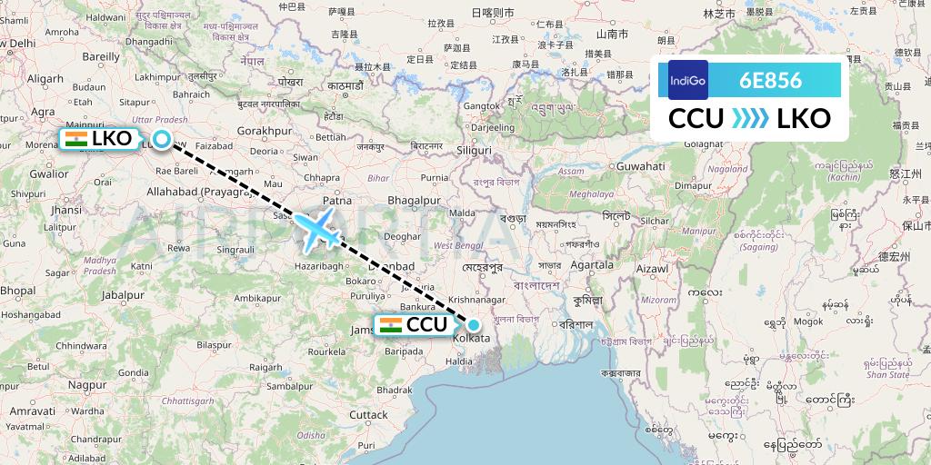 6E856 IndiGo Airlines Flight Map: Kolkata to Lucknow
