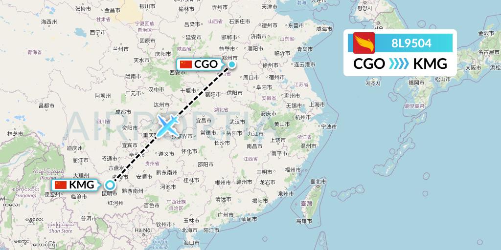 8L9504 Lucky Air Flight Map: Zhengzhou to Kunming