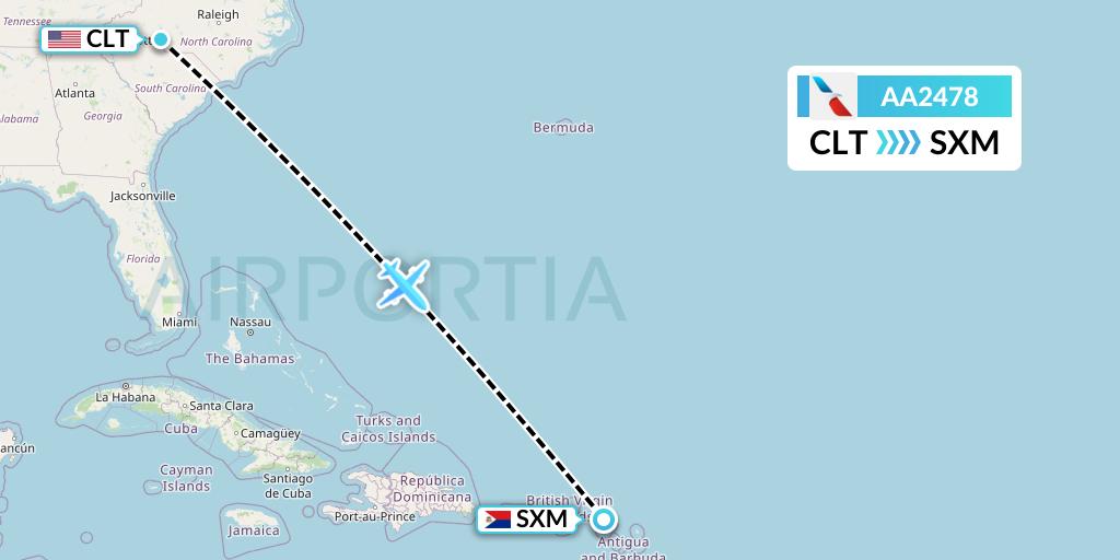 AA2478 American Airlines Flight Map: Charlotte to Sint Maarten