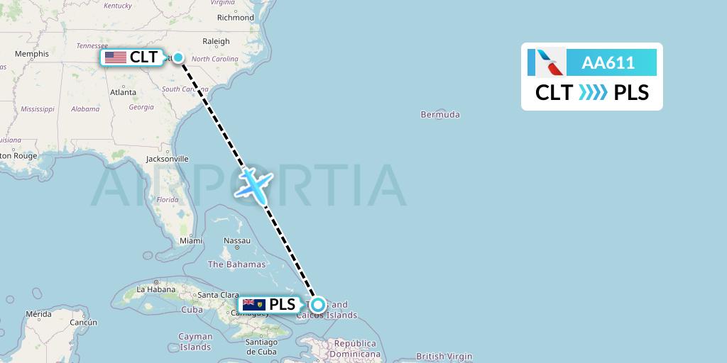 AA611 American Airlines Flight Map: Charlotte to Providenciales