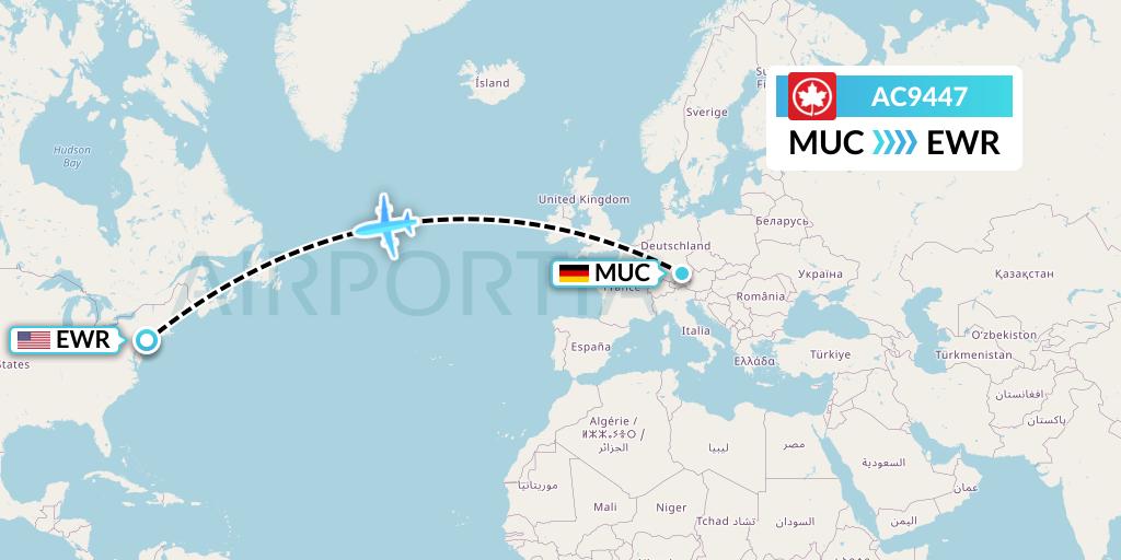 AC9447 Air Canada Flight Map: Munich to New York
