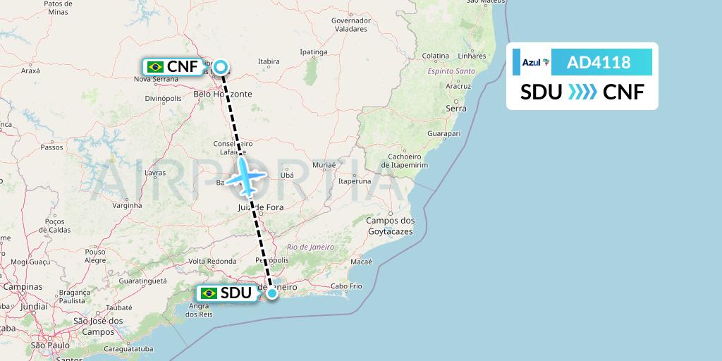 AD4118 Azul Brazilian Airlines Flight Map: Rio de Janeiro to Belo Horizonte