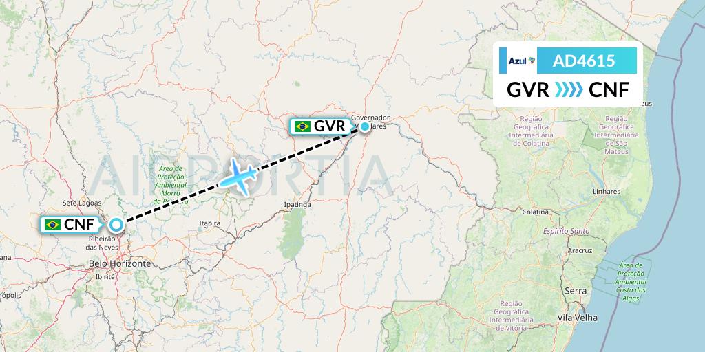 AD4615 Azul Brazilian Airlines Flight Map: Governador Valadares to Belo Horizonte