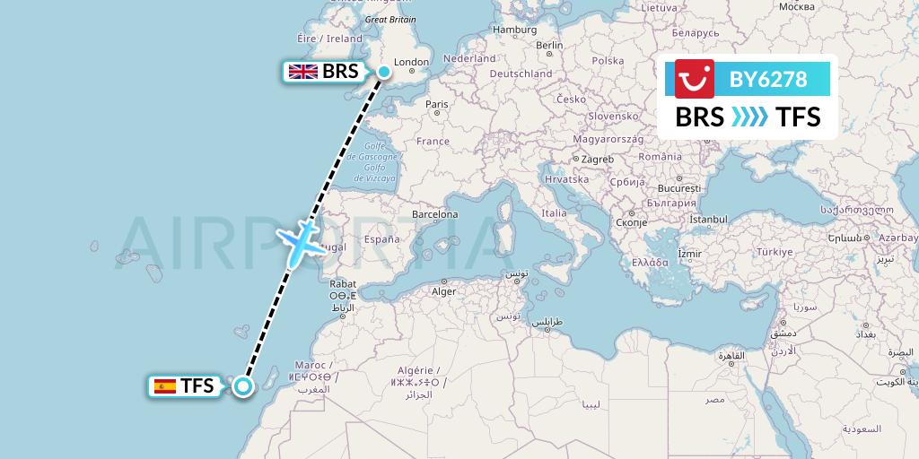 BY6278 TUI Airways Flight Map: Bristol to Tenerife