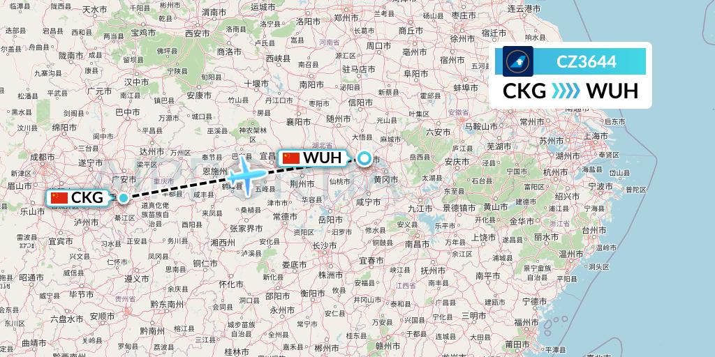 CZ3644 China Southern Airlines Flight Map: Chongqing to Wuhan