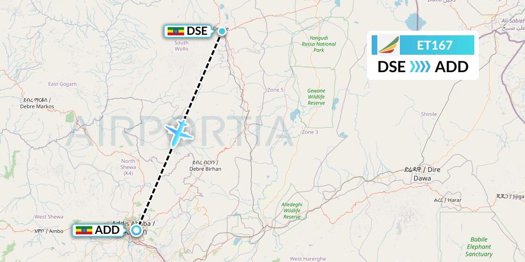 ET167 Ethiopian Airlines Flight Map: Dessie to Addis Ababa