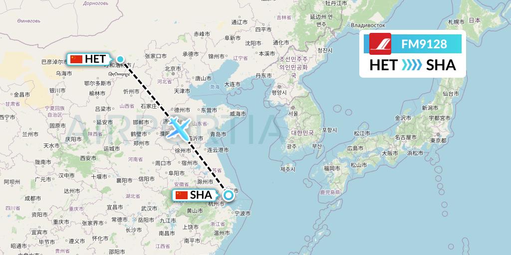 FM9128 Shanghai Airlines Flight Map: Hohhot to Shanghai
