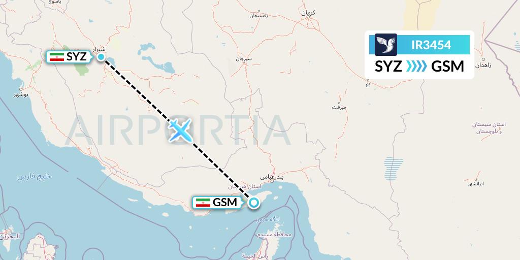 IR3454 Iran Air Flight Map: Shiraz to Qeshm Island