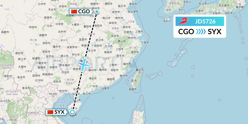 JD5726 Capital Airlines Flight Map: Zhengzhou to Sanya