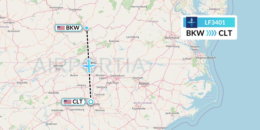 LF3401 Corporate Flight Management Flight Map: Beckley to Charlotte