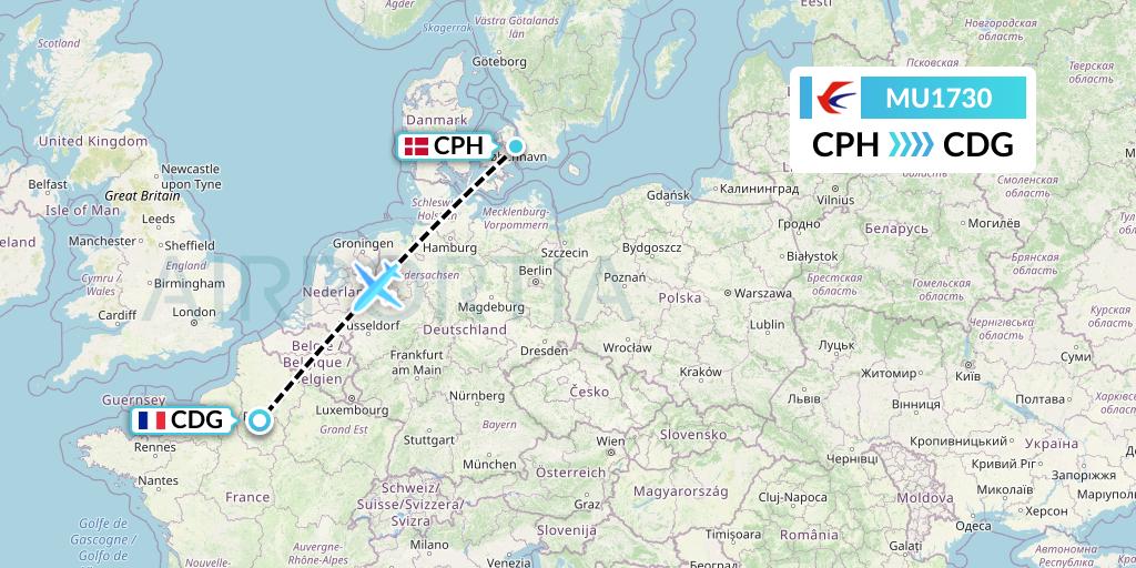 MU1730 China Eastern Airlines Flight Map: Copenhagen to Paris