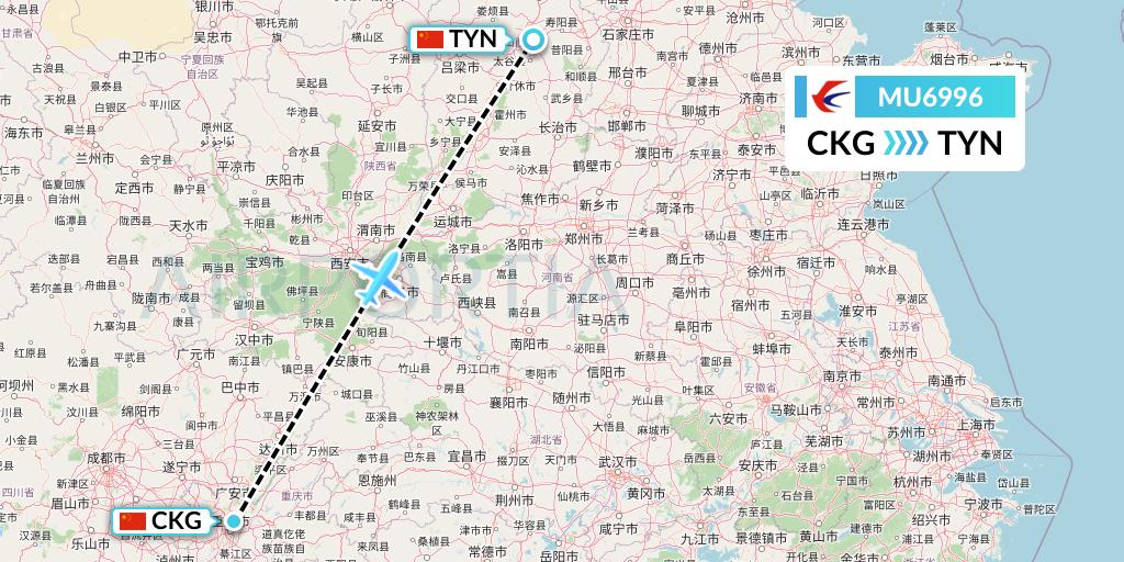 MU6996 China Eastern Airlines Flight Map: Chongqing to Taiyuan