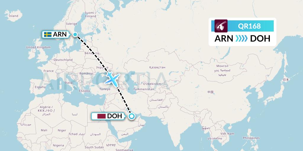 QR168 Qatar Airways Flight Map: Stockholm to Doha