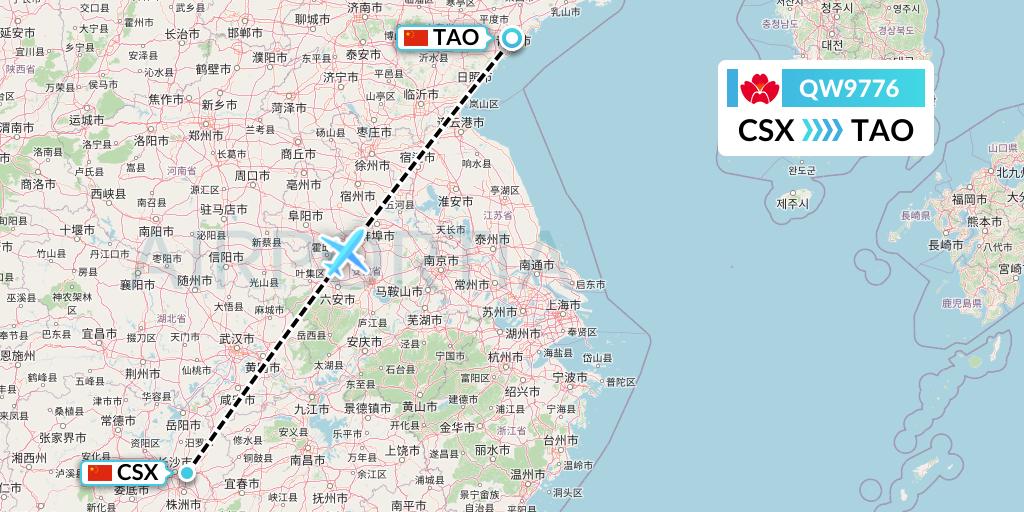 QW9776 Qingdao Airlines Flight Map: Changsha to Qingdao