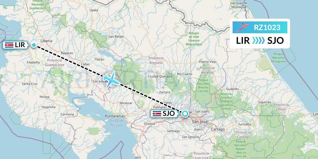 RZ1023 Sansa Airlines Flight Map: Liberia to San Jose