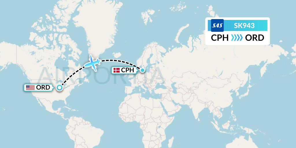 SK943 SAS Flight Map: Copenhagen to Chicago