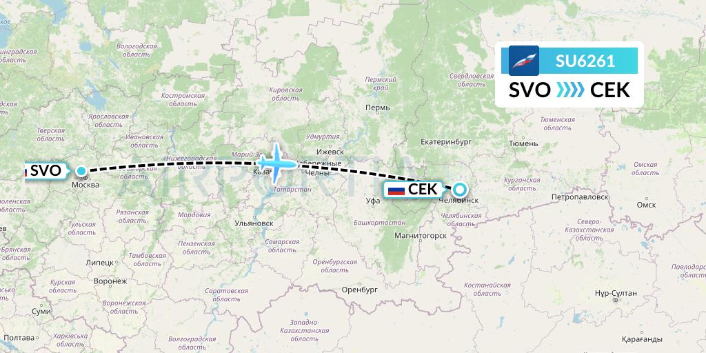 SU6261 Aeroflot Flight Map: Moscow to Chelyabinsk