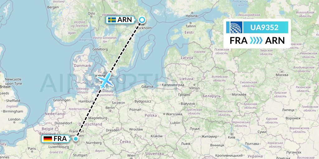 UA9352 United Airlines Flight Map: Frankfurt to Stockholm