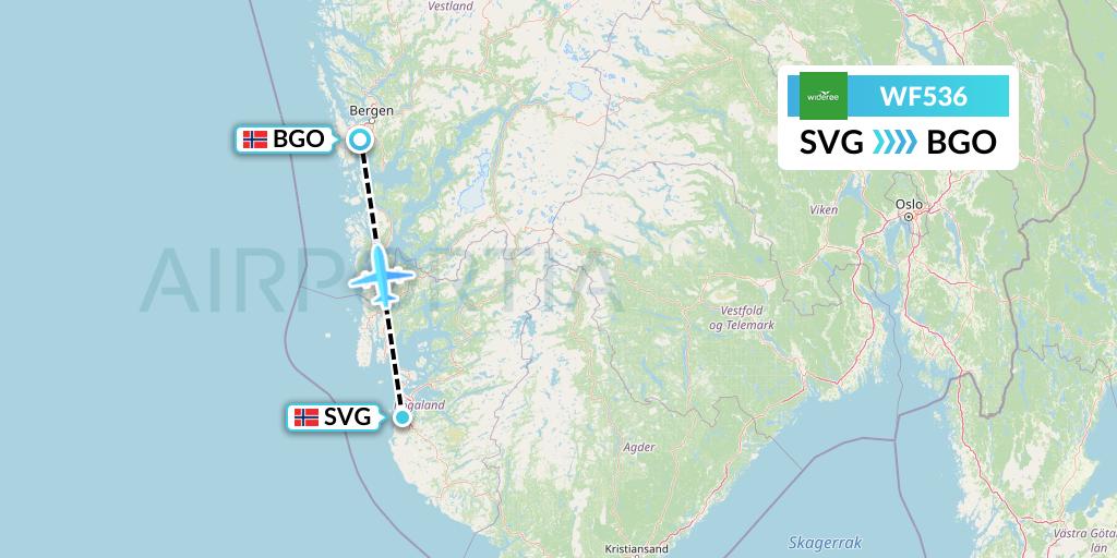 WF536 Wideroe Flight Map: Stavanger to Bergen