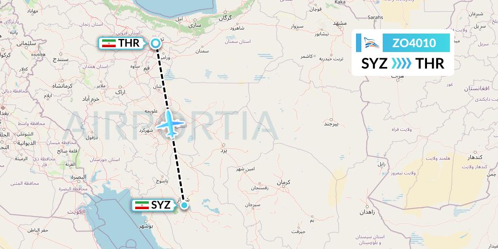 ZO4010 Zagros Airlines Flight Map: Shiraz to Tehran