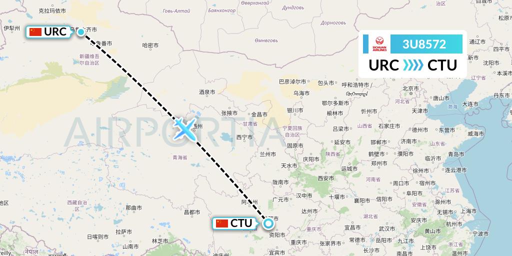 3U8572 Sichuan Airlines Flight Map: Urumqi to Chengdu