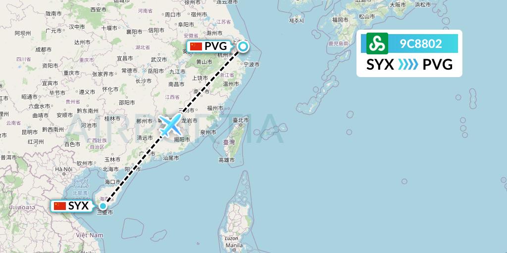 9C8802 Spring Airlines Flight Map: Sanya to Shanghai
