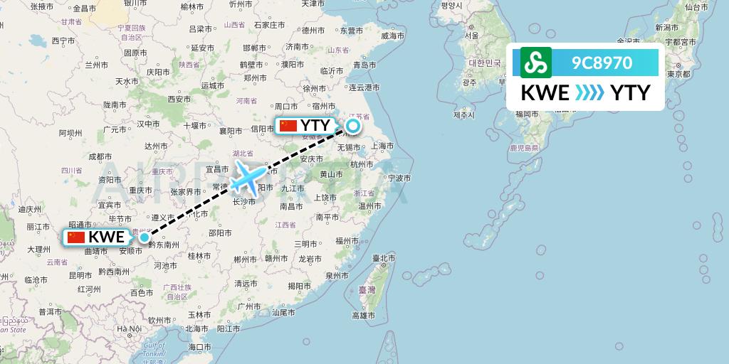 9C8970 Spring Airlines Flight Map: Guiyang to Yangzhou