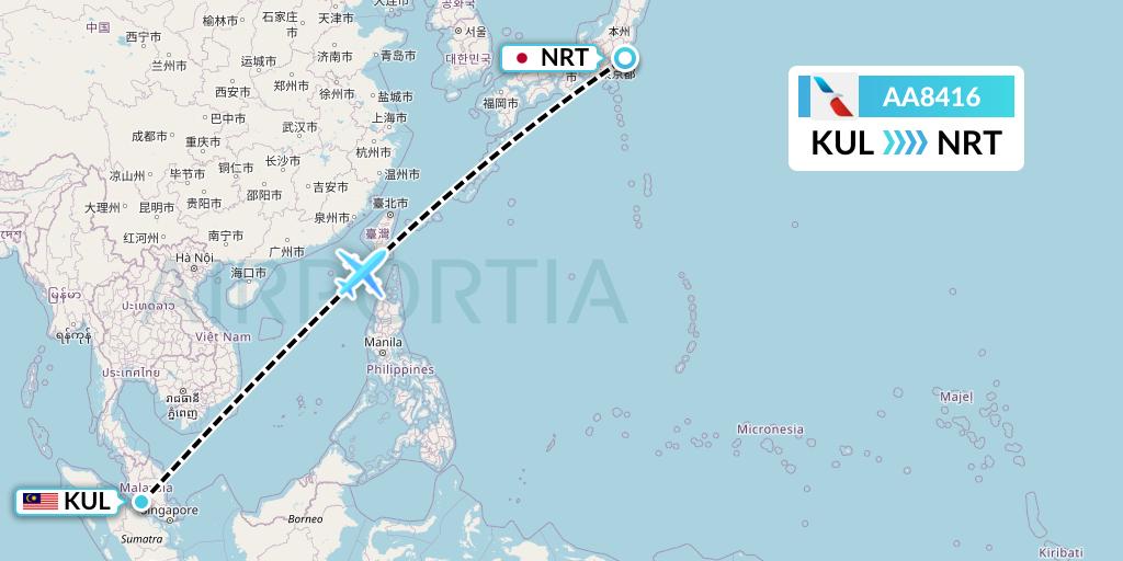 AA8416 American Airlines Flight Map: Kuala Lumpur to Tokyo