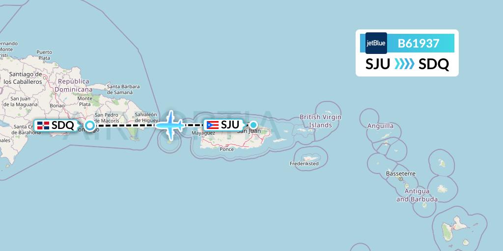 B61937 JetBlue Airways Flight Map: San Juan to Santo Domingo