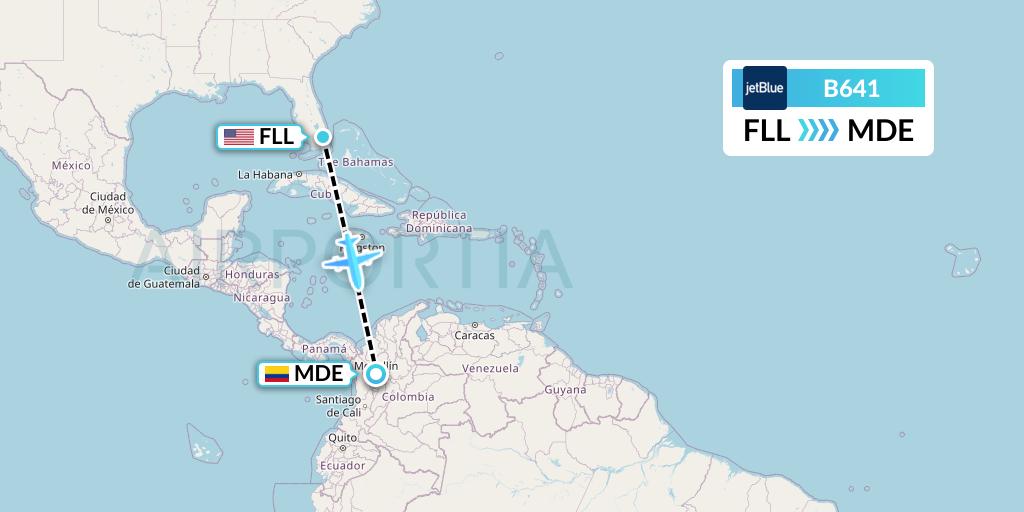 B641 JetBlue Airways Flight Map: Fort Lauderdale to Medellin