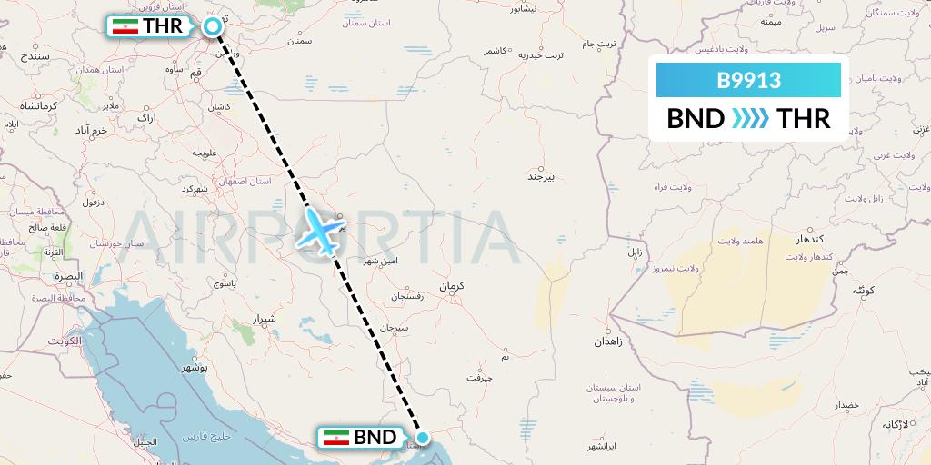 B9913 Iran Air Tours Flight Map: Bandar Abbas to Tehran